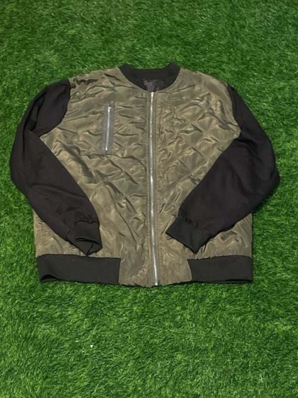 Unbranded Olive Green Quilted Satin and Black Sleeve Bomber Jacket Zip Up